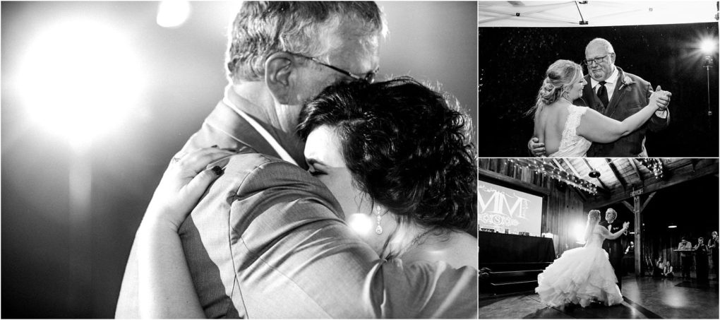 Premier snohomish & seattle wedding photographer | gsquared weddings photography a collage of three black and white photos captures an emotional father daughter dance at a snohomish wedding featuring hugs smiles and joyful moments on the dance floor | serving snohomish seattle                   & beyond