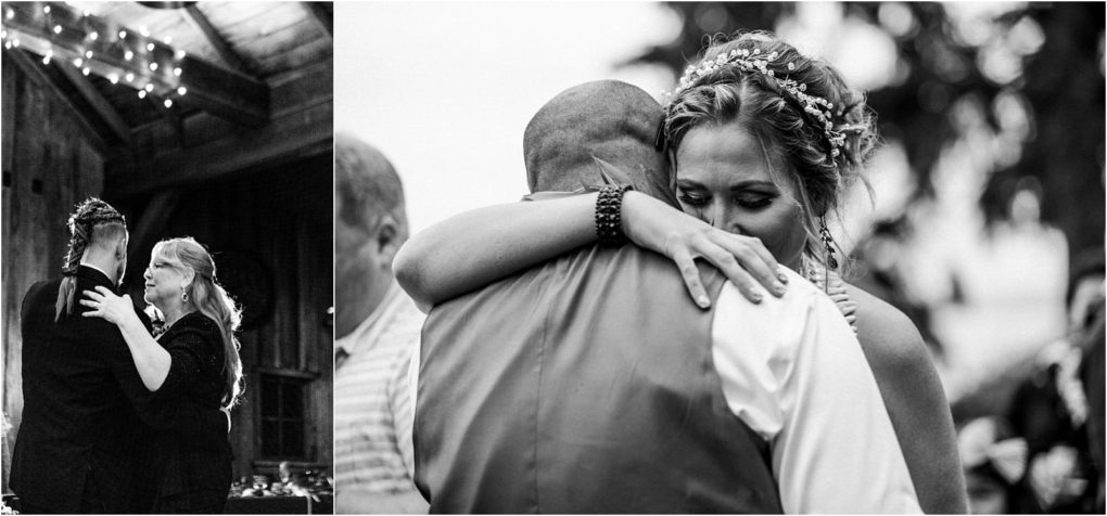 Premier snohomish & seattle wedding photographer | gsquared weddings photography a black and white diptych from a snohomish seattle wedding captures two emotional parent child dance moments a groom sharing a heartfelt dance with his mother and a bride in a floral headpiece hugging her father tightly eyes closed | serving snohomish seattle                   & beyond