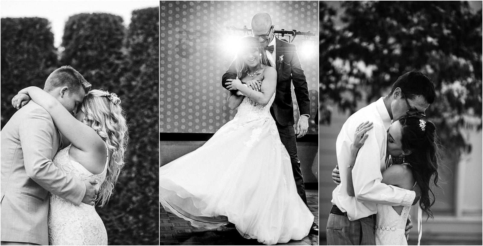 Premier Snohomish & Seattle Wedding Photographer | GSquared Weddings Photography Triptych of black-and-white Snohomish wedding photos showing three couples dancing closely, sharing intimate, joyful moments; the brides wear white dresses, and the grooms wear suits.                                   | Serving Snohomish, Seattle ,                  & Beyond
