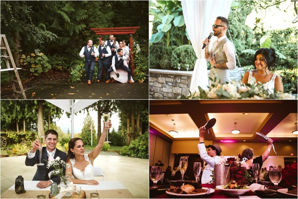 Premier snohomish & seattle wedding photographer | gsquared weddings photography a collage of four snohomish wedding photos groomsmen posing playfully outdoors a man giving a speech beside a woman at a table a newlywed couple raising toast glasses and guests raising shoes at the reception | serving snohomish seattle                   & beyond