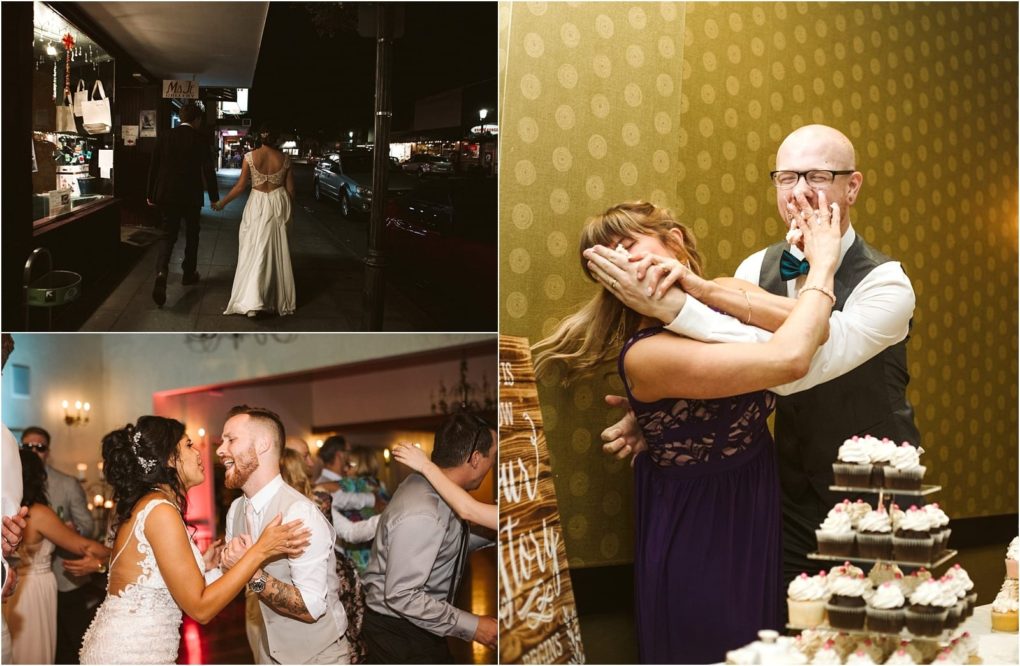 Premier snohomish & seattle wedding photographer | gsquared weddings photography a collage of three snohomish wedding scenes a couple walks hand in hand at night a bride and groom laugh and dance together and a man and woman playfully smear cake on each others faces near a cupcake display | serving snohomish seattle                   & beyond