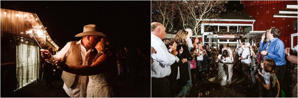 Premier snohomish & seattle wedding photographer | gsquared weddings photography split image on the left a bride and groom kiss while holding sparklers at their snohomish wedding on the right the couple walks through a cheering crowd outside a barn surrounded by bubbles and guests | serving snohomish seattle                   & beyond