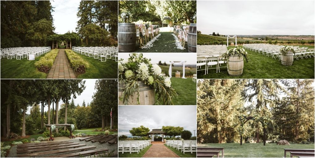 Premier snohomish & seattle wedding photographer | gsquared weddings photography collage of outdoor wedding ceremony setups in snohomish and seattle featuring white chairs wooden barrels with floral arrangements arbors and green lawns surrounded by trees and scenic landscapes Perfect inspiration for your wedding or engagement | serving snohomish seattle                   & beyond