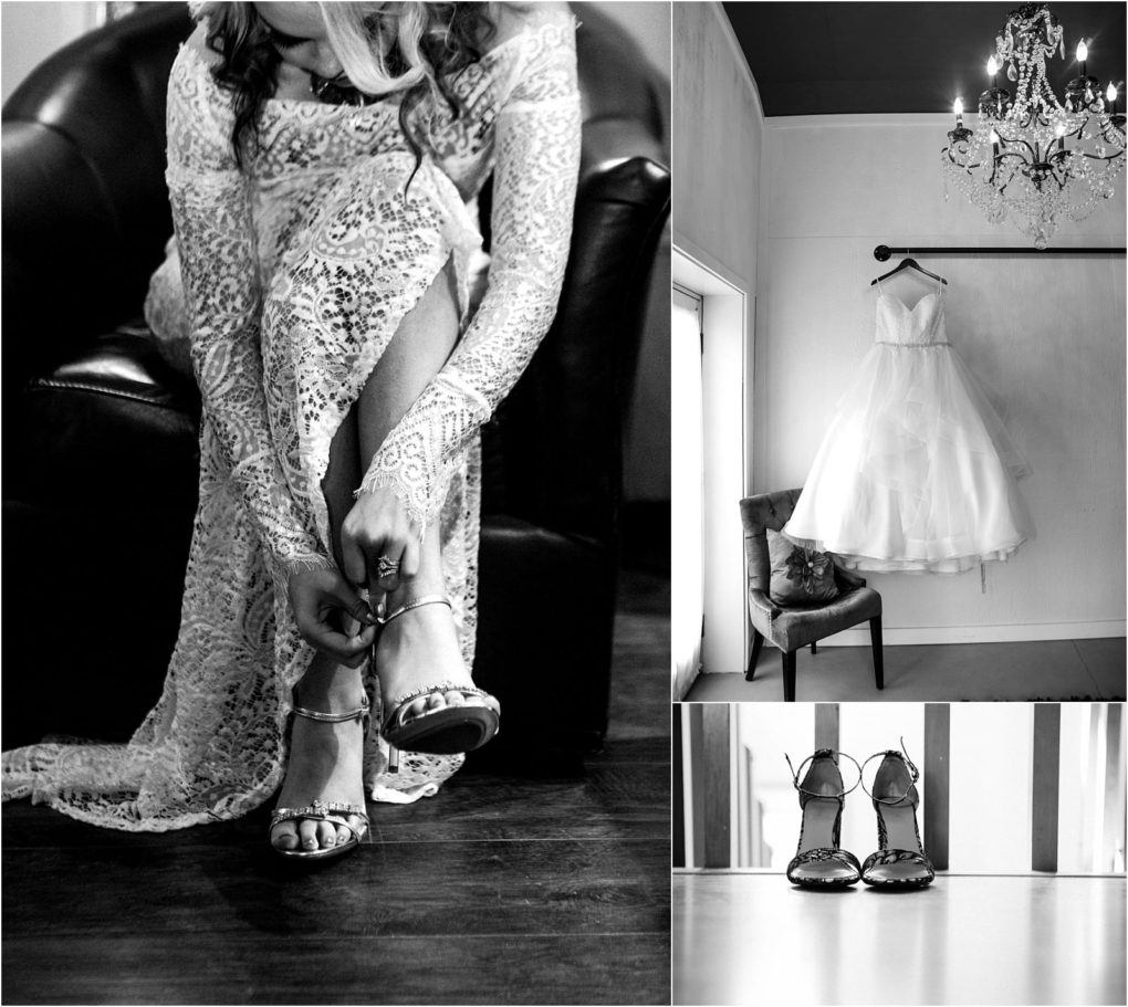 Premier snohomish & seattle wedding photographer | gsquared weddings photography a collage of snohomish seattle wedding moments a bride adjusts her sandal strap in a lace dress a gown hangs above a chair and jeweled bridal shoes rest on the floorall beautifully captured in black and white | serving snohomish seattle                   & beyond