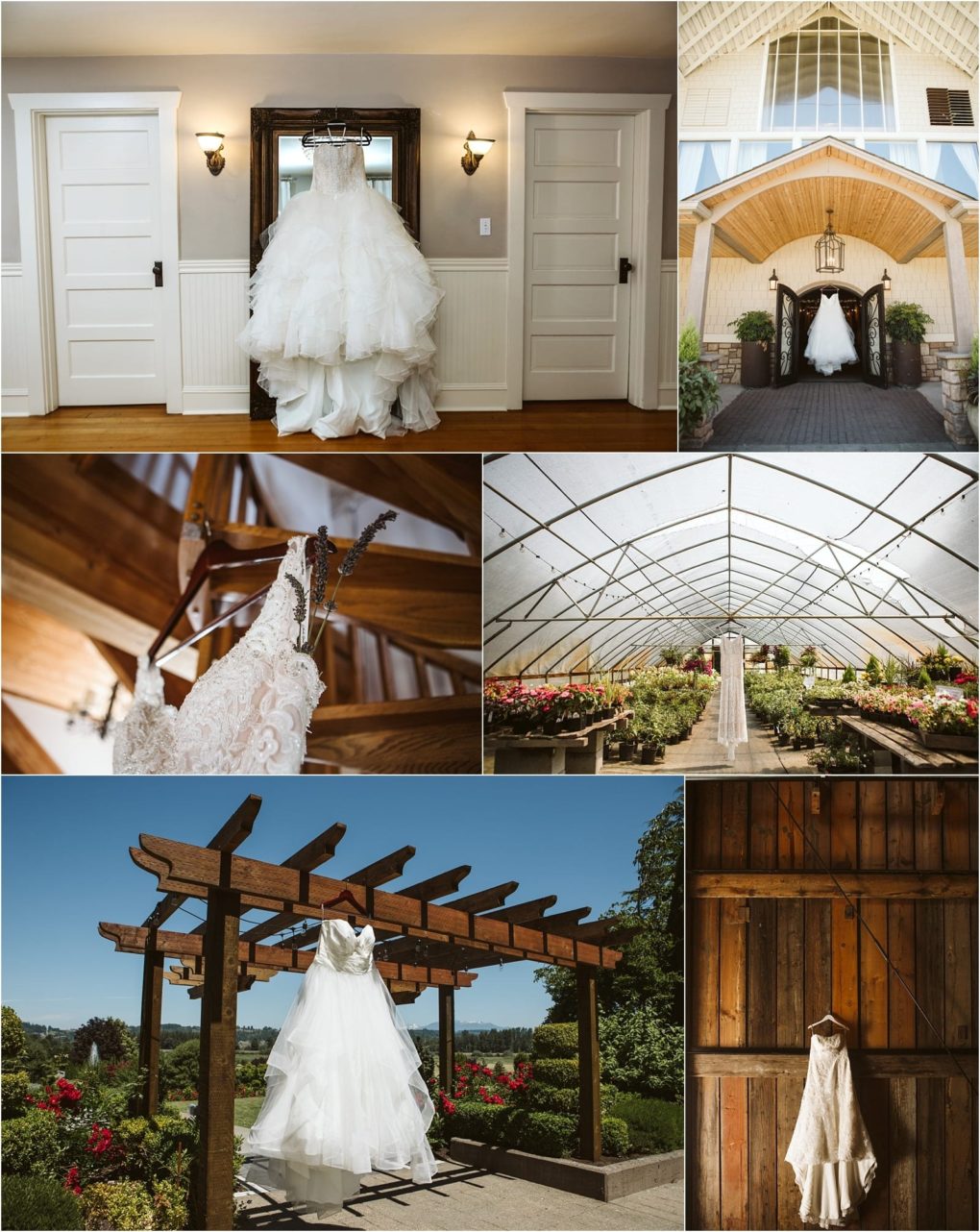 Premier snohomish & seattle wedding photographer | gsquared weddings photography a collage of bridal gowns displayed in various settings from hanging on doors to rustic barns and greenhouses capturing the charming essence of a snohomish seattle wedding or engagement | serving snohomish seattle                   & beyond