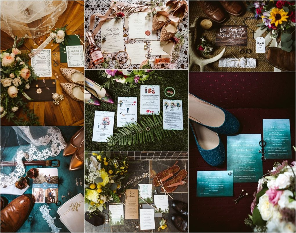 Premier snohomish & seattle wedding photographer | gsquared weddings photography a collage of six flat lay photos displays wedding invitations flowers jewelry shoes and wedding accessoriesartistically arranged to capture the timeless charm of a snohomish seattle wedding | serving snohomish seattle                   & beyond