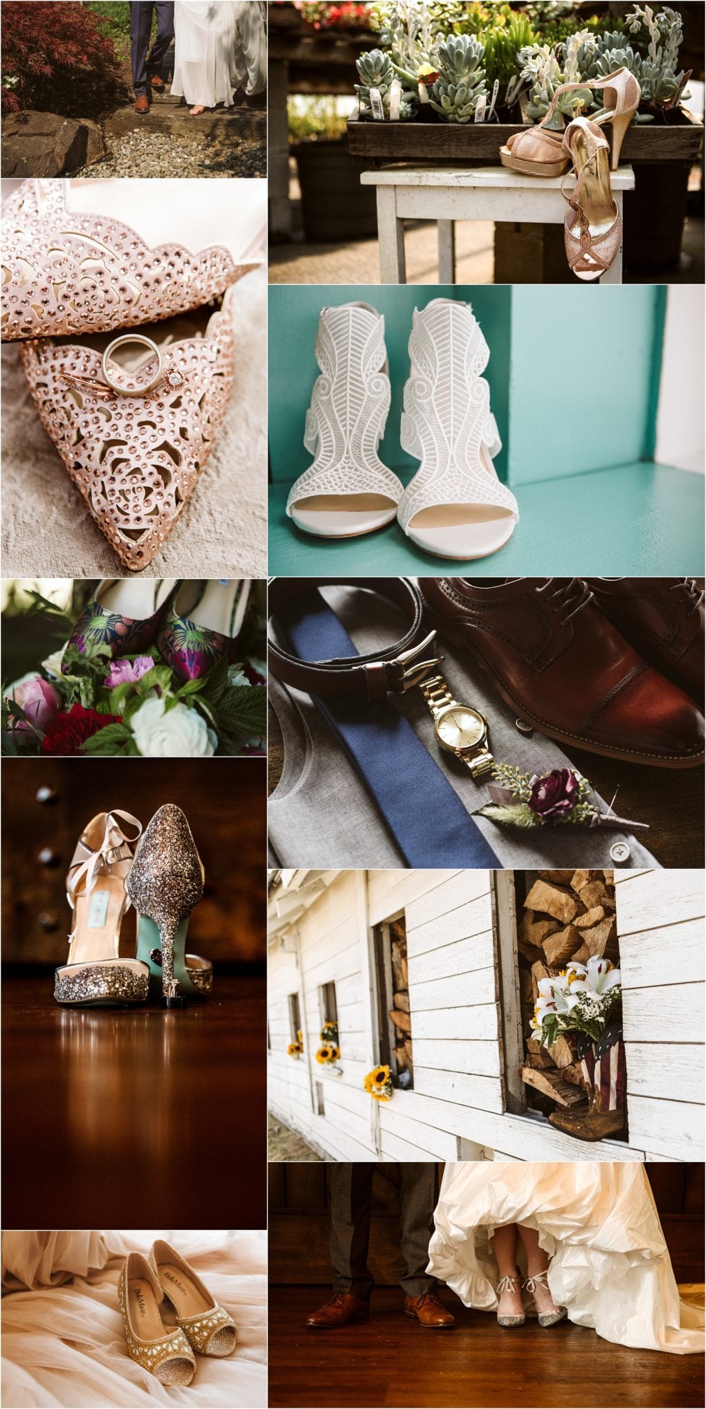 Premier snohomish & seattle wedding photographer | gsquared weddings photography a collage of wedding themed photos including shoes rings suits flowers and a lace clutch with romantic detailsperfect inspiration for a rustic snohomish seattle wedding or engagement | serving snohomish seattle                   & beyond