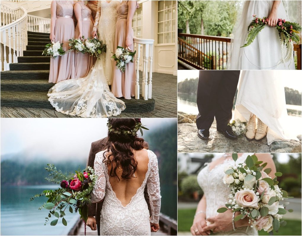 Premier snohomish & seattle wedding photographer | gsquared weddings photography a collage of five wedding photos in snohomish near seattle shows brides holding bouquets close ups of lace bridal gowns bridesmaids in pale pink dresses and a couple by a lakeside with misty mountains | serving snohomish seattle                   & beyond