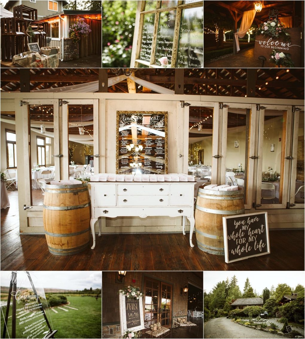 Premier snohomish & seattle wedding photographer | gsquared weddings photography a collage of rustic snohomish wedding decor featuring wooden barrels mirrored and acrylic signs with calligraphy floral arrangements string lights and a cozy outdoor venue surrounded by greenery near seattle | serving snohomish seattle                   & beyond