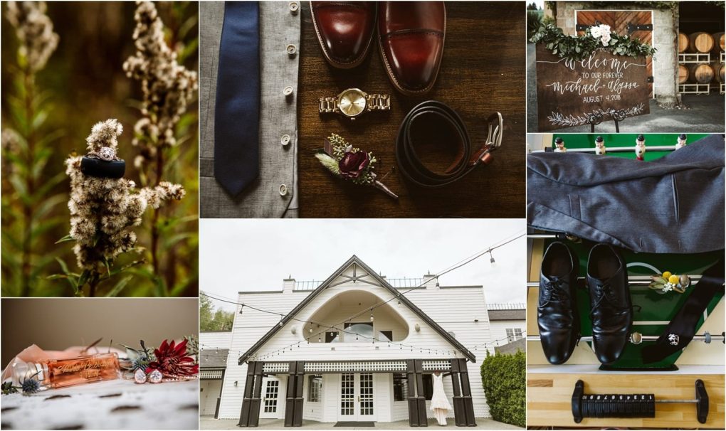 Premier snohomish & seattle wedding photographer | gsquared weddings photography a collage of snohomish wedding details rings on wildflowers grooms shoes tie boutonniere belt welcome sign venue exterior near seattle shoes on foosball table cufflinks cologne and boutonniere on wood | serving snohomish seattle                   & beyond