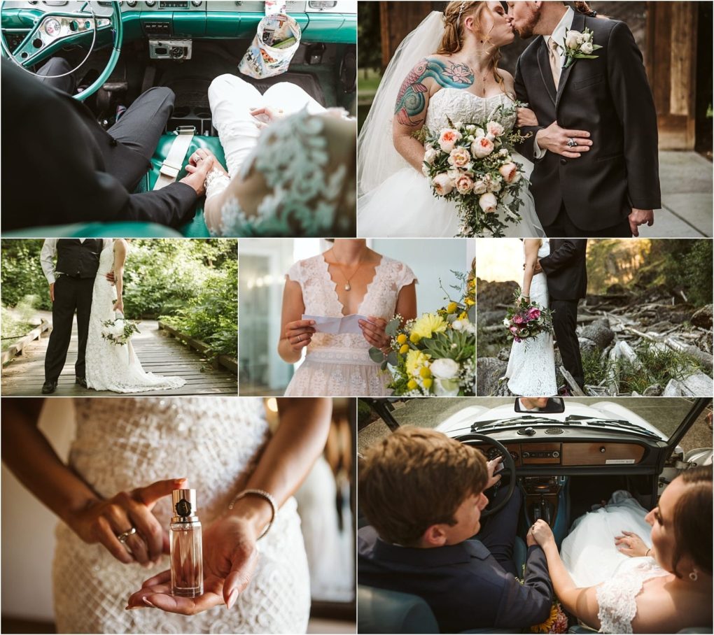 Premier snohomish & seattle wedding photographer | gsquared weddings photography a collage of snohomish wedding photos featuring a bride and groom driving in a vintage car holding hands kissing reading a letter walking outdoors and the bride spraying perfume on her wrist Perfect seattle engagement inspiration | serving snohomish seattle                   & beyond