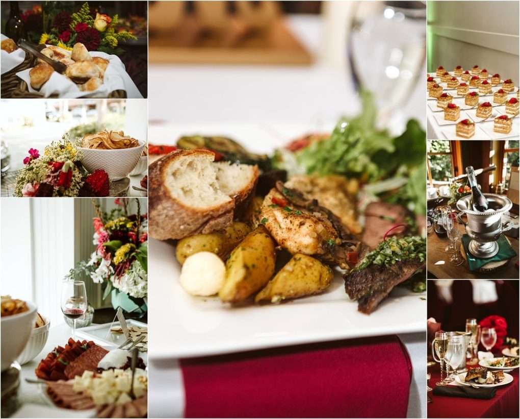 Premier snohomish & seattle wedding photographer | gsquared weddings photography a collage of elegant dining at a snohomish seattle wedding featuring plates of assorted appetizers bread gourmet main courses with potatoes and greens desserts a charcuterie board and a bucket of champagne on a white tablecloth | serving snohomish seattle                   & beyond