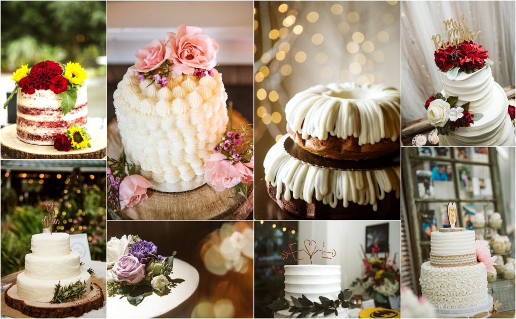 Premier snohomish & seattle wedding photographer | gsquared weddings photography a collage of eight decorated wedding cakes featuring flowers textured icing and cake toppers is displayed on wooden stands with floral accentsperfect inspiration for a snohomish or seattle wedding or engagement celebration | serving snohomish seattle                   & beyond