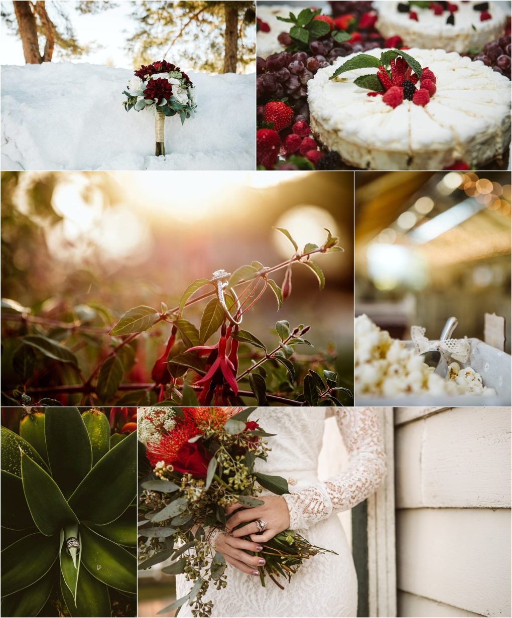Premier snohomish & seattle wedding photographer | gsquared weddings photography a collage featuring a snowy bouquet berry topped cheesecake diamond ring on a leafy branchperfect for a snohomish seattle wedding engagementplus popcorn a close up of a green plant and a bride with a red and white bouquet by a white wall | serving snohomish seattle                   & beyond
