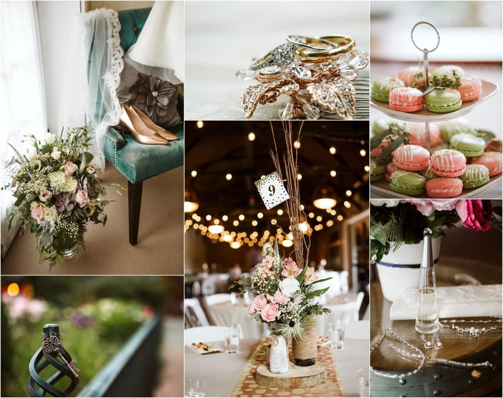 Premier snohomish & seattle wedding photographer | gsquared weddings photography a collage of snohomish wedding details a bouquet and shoes on a chair close up of rings pastel macarons on a tray rings on a fence floral centerpieces table decor and pearl jewelry in a glass | serving snohomish seattle                   & beyond