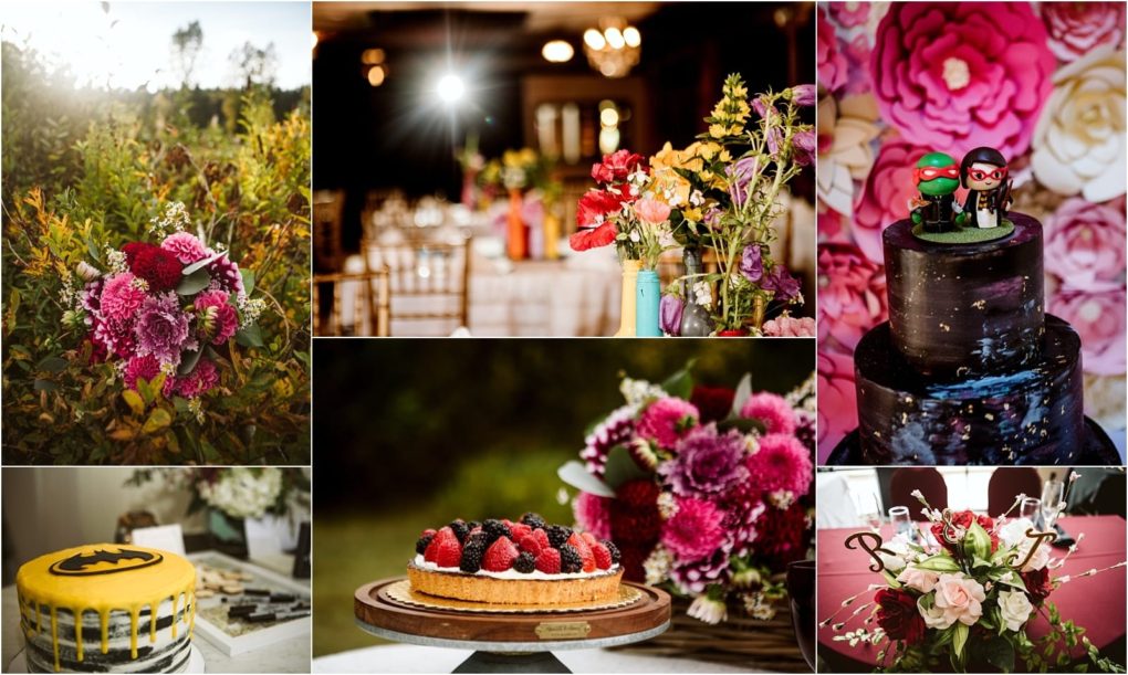 Premier snohomish & seattle wedding photographer | gsquared weddings photography a collage of snohomish and seattle wedding themed images featuring colorful bouquets floral centerpieces a berry tart a batman cake a dark cake with ninja turtle toppers and large paper flowers as decorationperfect for your engagement inspiration | serving snohomish seattle                   & beyond