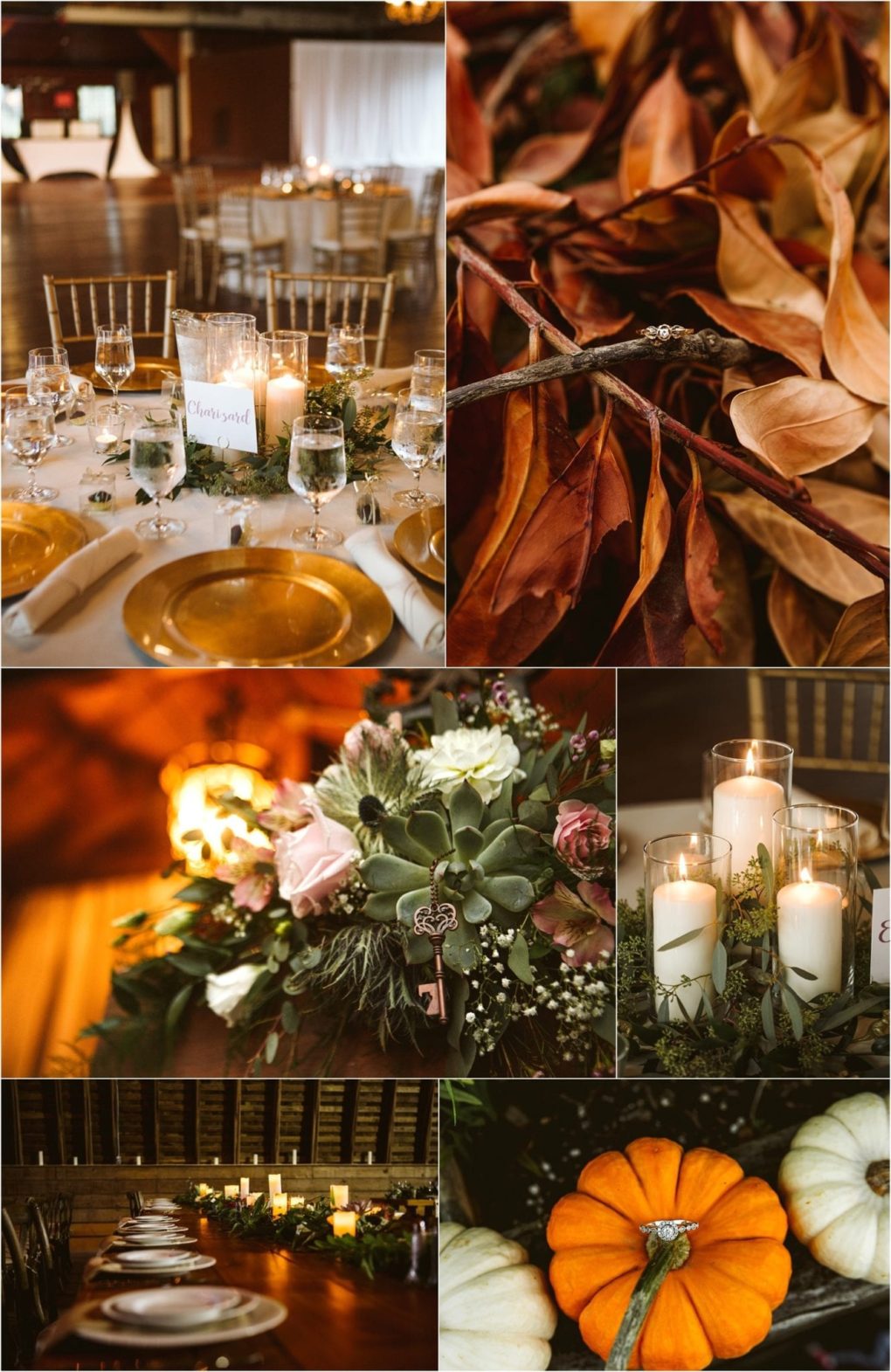 Premier snohomish & seattle wedding photographer | gsquared weddings photography a collage of fall themed wedding decor for a snohomish seattle wedding a candle lit dinner table with gold plates dried autumn leaves a flower bouquet candles in glass holders a garland centerpiece and orange and white pumpkins | serving snohomish seattle                   & beyond