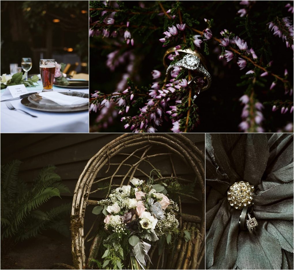 Premier snohomish & seattle wedding photographer | gsquared weddings photography a collage featuring a table set with a glass of beer and wine a diamond engagement ring on purple flowers a bouquet of white and blush flowers on a chair and two sparkling rings on dark fabriccapturing the charm of a snohomish seattle wedding engagement | serving snohomish seattle                   & beyond