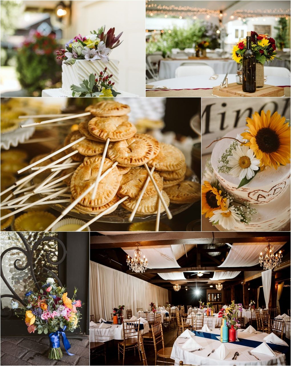 Premier snohomish & seattle wedding photographer | gsquared weddings photography a collage of snohomish and seattle wedding decor floral cakes mini pies on sticks rustic table settings with wine bottles and sunflowers a colorful bouquet and elegant reception rooms with draped ceilings and chandeliers Perfect for any engagement celebration | serving snohomish seattle                   & beyond