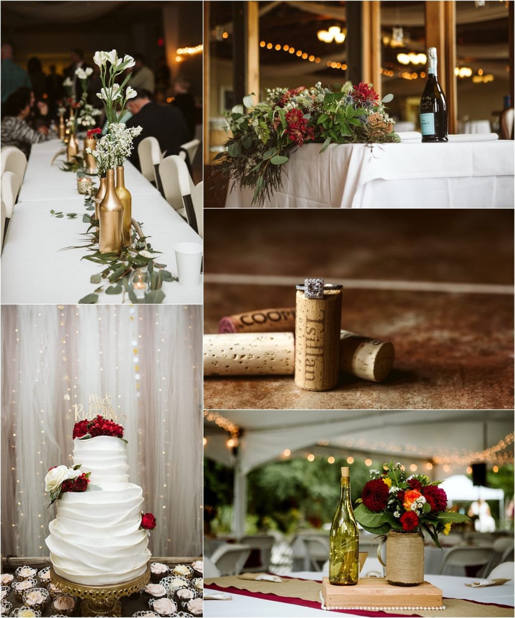 Premier snohomish & seattle wedding photographer | gsquared weddings photography collage of snohomish wedding decorations a long table with gold vases and white flowers an engagement bouquet with wine bottle and corks a white tiered cake with red flowers and a centerpiece featuring red blooms and a green wine bottle | serving snohomish seattle                   & beyond