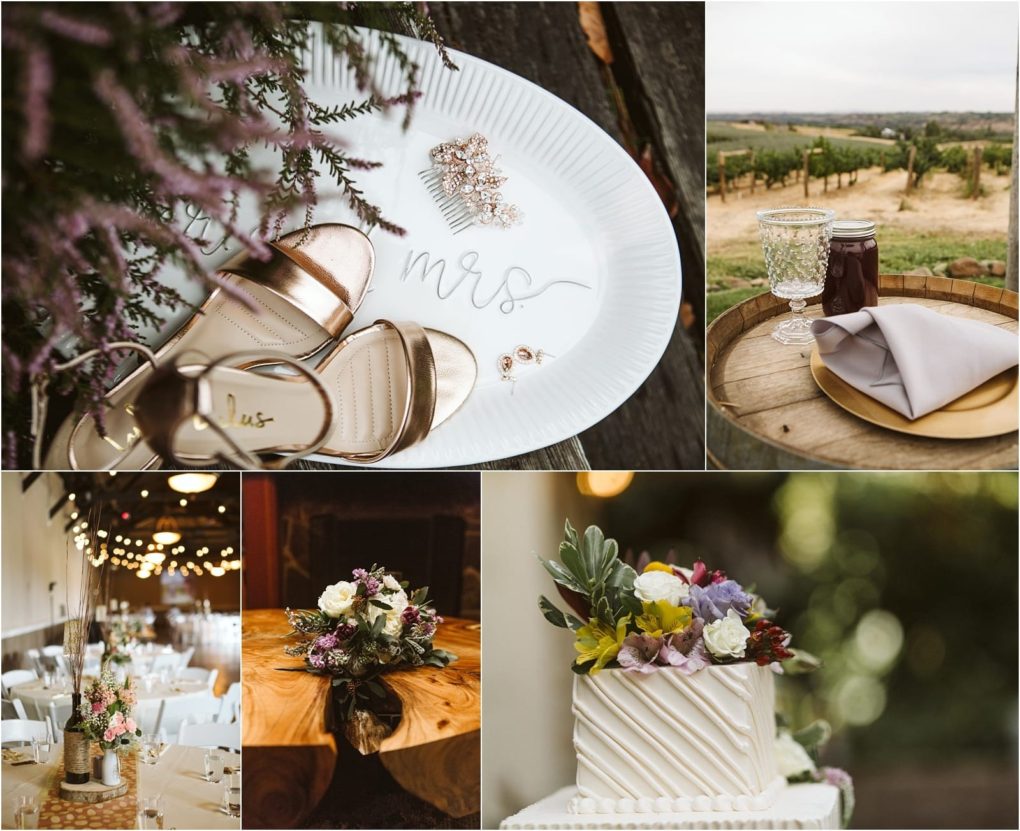 Premier snohomish & seattle wedding photographer | gsquared weddings photography a collage of snohomish wedding details gold sandals and jewelry on a mrs  plate a vineyard table with wine and napkin floral centerpiece bouquet and a white cake adorned with colorful bloomsperfect for your seattle wedding engagement | serving snohomish seattle                   & beyond