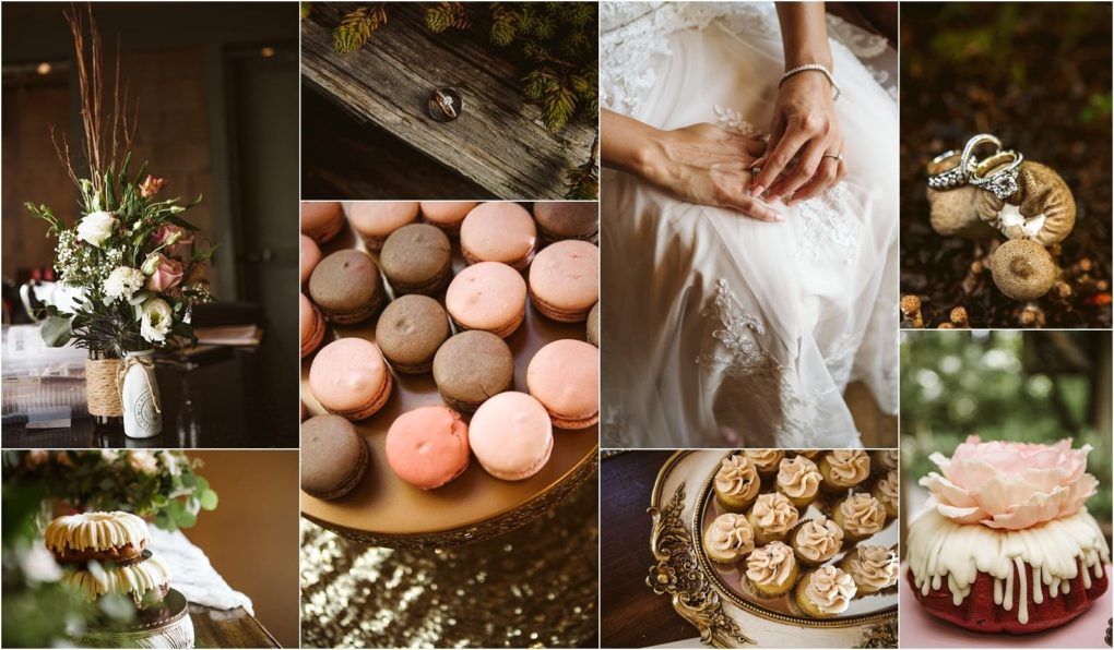 Premier snohomish & seattle wedding photographer | gsquared weddings photography a collage captures snohomish seattle wedding details floral arrangements wedding rings hands with lace dress assorted macarons a small cake with cream and a flower cupcakes and natural rustic decor with pinecones and moss | serving snohomish seattle                   & beyond