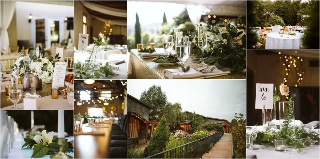 Premier snohomish & seattle wedding photographer | gsquared weddings photography a collage of elegant snohomish wedding decor features table settings with white flowers greenery candles glassware numbered table cards and an outdoor view of a venue with lush gardens and string lights near seattle | serving snohomish seattle                   & beyond