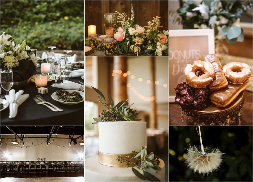 Premier snohomish & seattle wedding photographer | gsquared weddings photography a collage of snohomish and seattle wedding photos featuring elegant table settings floral centerpieces a white cake with greenery assorted donuts a decorated reception hall and a close up of a dandelion | serving snohomish seattle                   & beyond