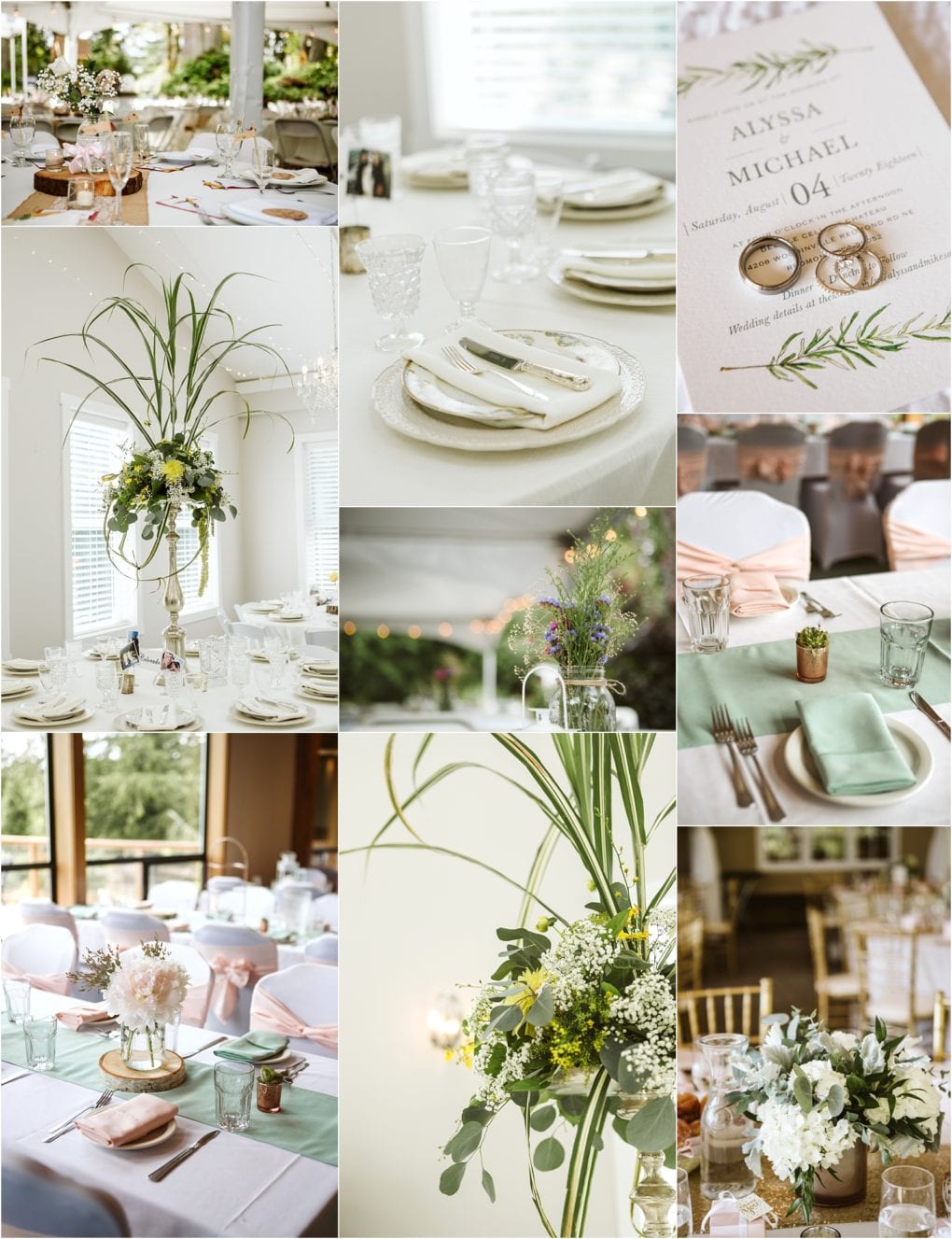 Premier snohomish & seattle wedding photographer | gsquared weddings photography a collage of snohomish wedding table settings featuring elegant plates floral centerpieces menus glassware greenery and pastel linens in soft natural tones of white green and blush pinkperfect for a seattle wedding or engagement | serving snohomish seattle                   & beyond