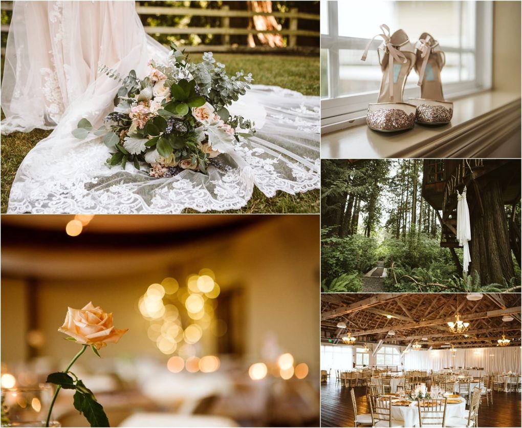 Premier snohomish & seattle wedding photographer | gsquared weddings photography a collage of snohomish wedding themed photos a bridal gown and bouquet on grass glittery high heels on a windowsill a single peach rose an outdoor forest venue and a decorated reception hall with round tables | serving snohomish seattle                   & beyond