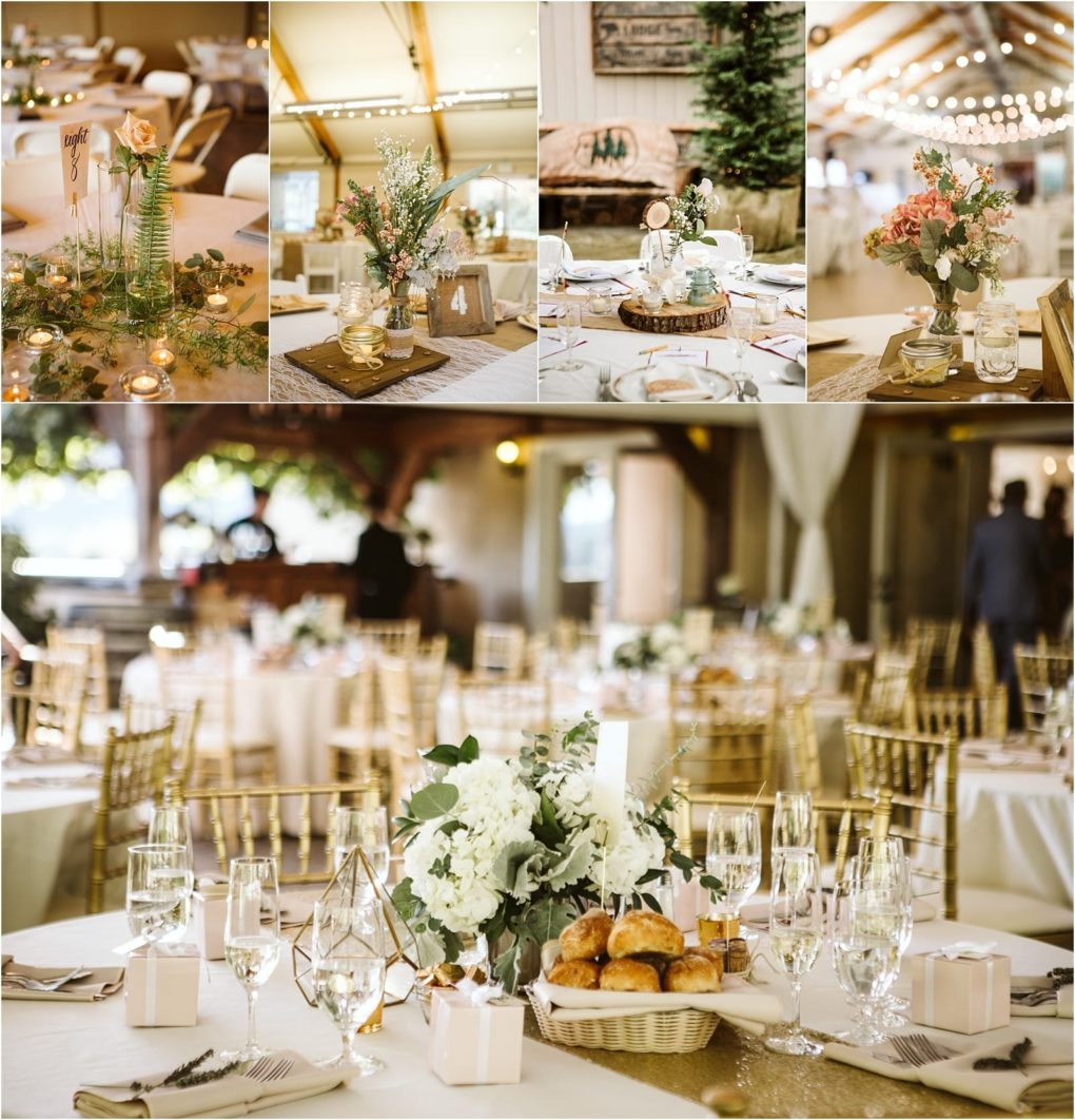 Premier snohomish & seattle wedding photographer | gsquared weddings photography a collage of elegant snohomish wedding table settings with floral centerpieces rustic wooden accents candles wine glasses breads and gold chairs in a softly lit seattle reception venue | serving snohomish seattle                   & beyond