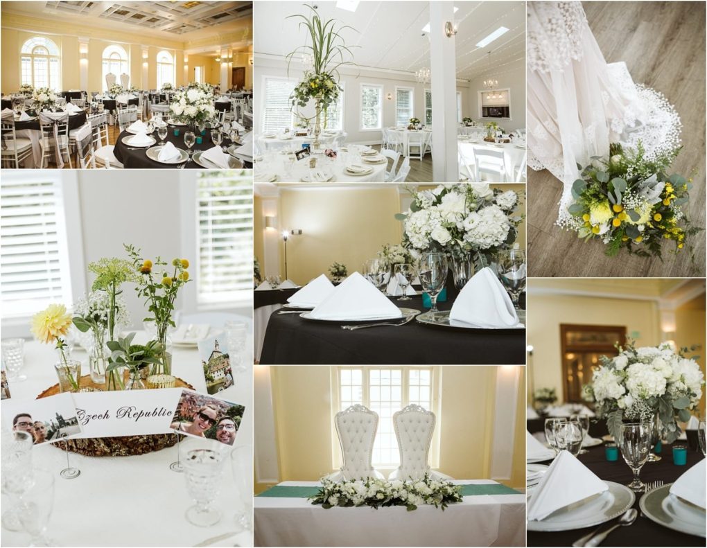 Premier snohomish & seattle wedding photographer | gsquared weddings photography a collage of elegant snohomish wedding reception decorations featuring white floral centerpieces formal table settings with white napkins ornate head table chairs and a brides bouquet with greenery and yellow flowers | serving snohomish seattle                   & beyond