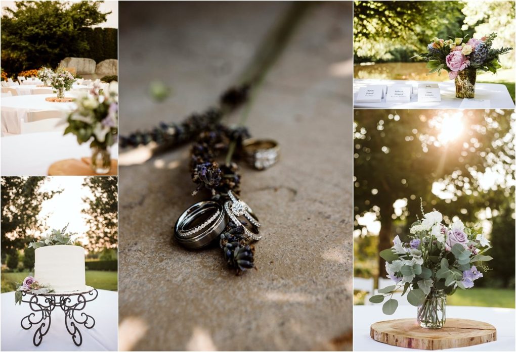 Premier snohomish & seattle wedding photographer | gsquared weddings photography collage of snohomish wedding details close up of rings on lavender floral centerpieces a bouquet in a glass vase a white cake on a stand and name cards on a sunlit tableall set outdoors near seattle | serving snohomish seattle                   & beyond