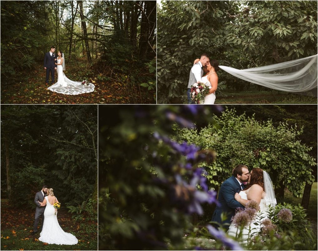 Premier snohomish & seattle wedding photographer | gsquared weddings photography a collage of four snohomish outdoor wedding photos shows a bride and groom embracing and kissing in a lush garden surrounded by trees flowers and foliage The bride wears a white dress and veil the groom wears a blue suit | serving snohomish seattle                   & beyond
