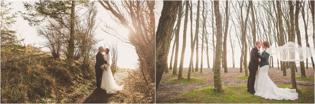 Premier snohomish & seattle wedding photographer | gsquared weddings photography two wedding photos leftsnohomish bride and groom embrace on a sunlit forest path Rightthe couple kisses among tall bare trees the brides veil flowing in the air at their seattle engagement session | serving snohomish seattle                   & beyond
