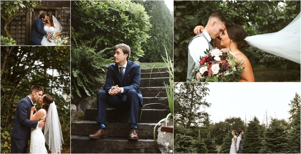 Premier snohomish & seattle wedding photographer | gsquared weddings photography a collage of snohomish wedding photos features a bride and groom embracing kissing and posing outdoors among greenery The groom also sits alone on wooden steps looking thoughtful in his navy suit | serving snohomish seattle                   & beyond