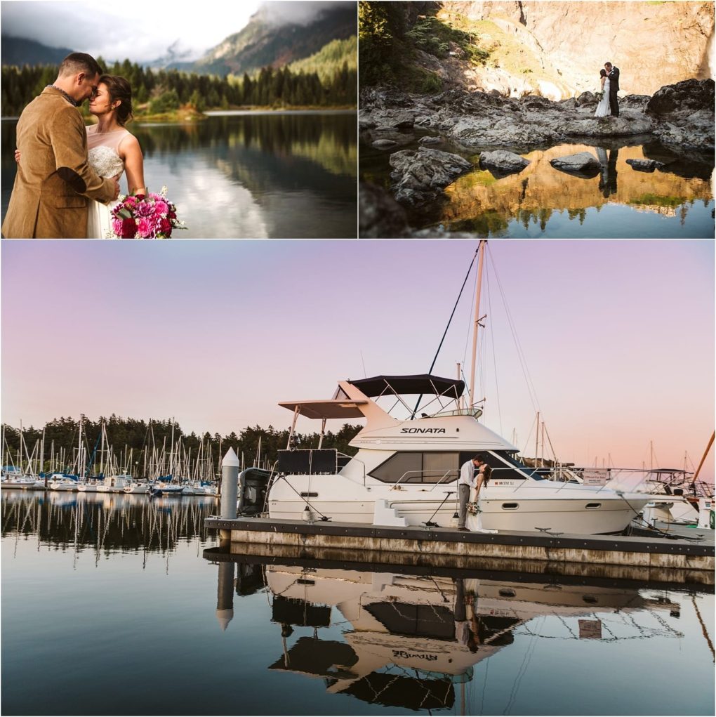 Premier snohomish & seattle wedding photographer | gsquared weddings photography collage of three wedding photos a snohomish couple embraces by a mountain lake stands on rocks beside a reflective pond and kisses on a dock next to a yacht at a seattle marina during sunset | serving snohomish seattle                   & beyond