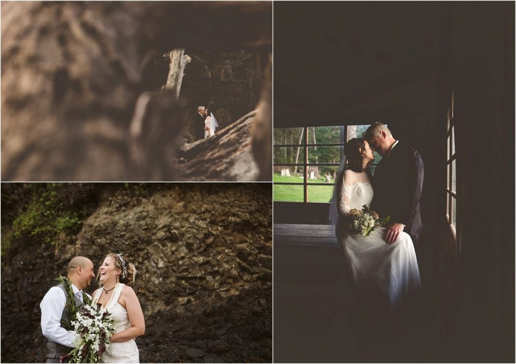Premier snohomish & seattle wedding photographer | gsquared weddings photography a collage of three snohomish wedding photos shows a couple in nature and indoors sharing joyful and intimate moments They laugh outdoors by rocks embrace in a forest and sit closely together by a window in soft light | serving snohomish seattle                   & beyond