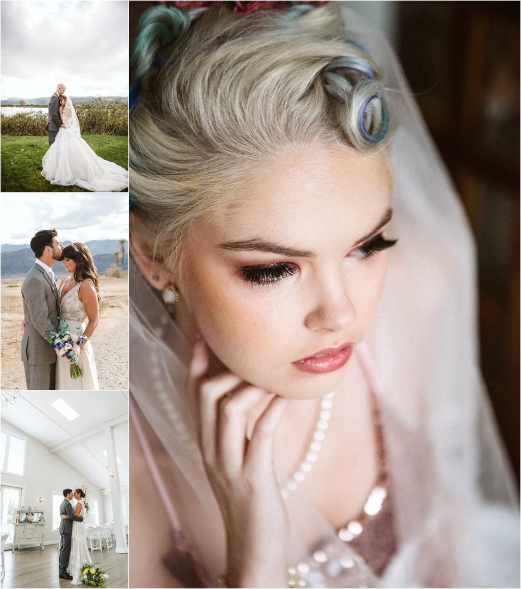 Premier snohomish & seattle wedding photographer | gsquared weddings photography a collage of four wedding photos featuring snohomish and seattle couples in outdoor and indoor settings with a close up of a bride in the main frame her hand to her face showcasing her makeup curled hair and pearl necklace | serving snohomish seattle                   & beyond