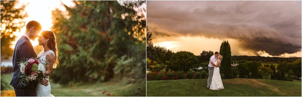 Premier snohomish & seattle wedding photographer | gsquared weddings photography two wedding photos on the left a couple embraces at sunset in a snohomish forest On the right they stand together on a lawn under seattles dramatic cloudy sky | serving snohomish seattle                   & beyond