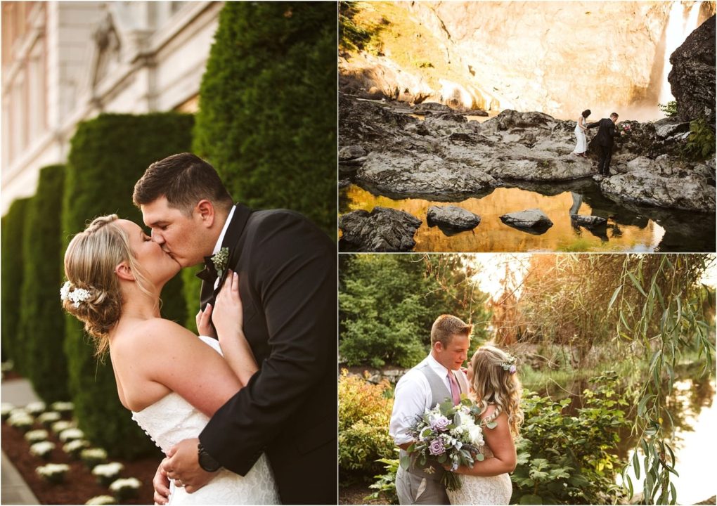Premier snohomish & seattle wedding photographer | gsquared weddings photography a collage of three snohomish wedding photos a couple kissing outdoors walking on rocks by a river and standing together by a pond with a bouquet surrounded by lush greenery near seattle | serving snohomish seattle                   & beyond