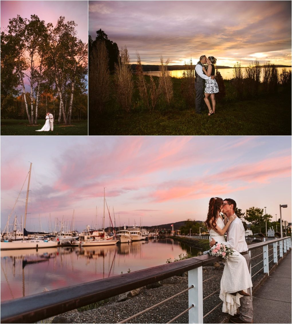 Premier snohomish & seattle wedding photographer | gsquared weddings photography a couple poses at sunset in a field under trees and by a marina with boats sharing romantic moments and kisses against vibrant pink and purple skies during their snohomish seattle wedding engagement | serving snohomish seattle                   & beyond