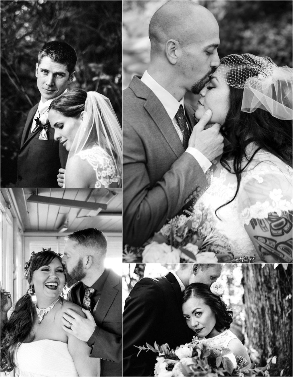 Premier snohomish & seattle wedding photographer | gsquared weddings photography a collage of four black and white snohomish wedding photos shows couples embracing sharing intimate moments and smiling joyfully featuring close up portraits and candid affectionate interactions | serving snohomish seattle                   & beyond