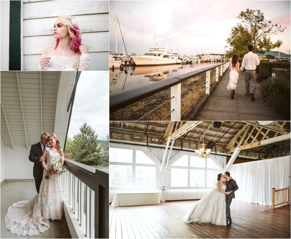 Premier snohomish & seattle wedding photographer | gsquared weddings photography a collage of four snohomish wedding photos a bride with pink hair a couple near boats a bride and father on a balcony and newlyweds dancing in a rustic sunlit venue with wooden floors | serving snohomish seattle                   & beyond