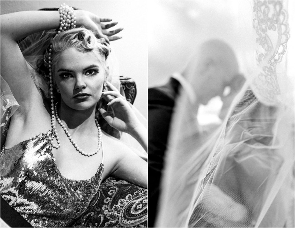 Premier snohomish & seattle wedding photographer | gsquared weddings photography split black and white image left shows a woman in a sequined dress and pearls posing elegantly right features a man blurred behind a delicate veil evoking the soft emotional atmosphere of a snohomish seattle wedding engagement | serving snohomish seattle                   & beyond