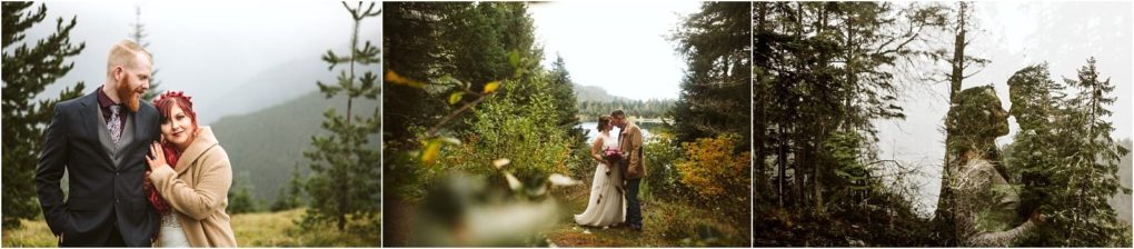 Premier snohomish & seattle wedding photographer | gsquared weddings photography three panel image left a smiling couple in formal attire stands outdoors at their snohomish seattle engagement Center they embrace in a forest by a lake Right a double exposure blends their profiles with trees for a dreamy wedding vibe | serving snohomish seattle                   & beyond