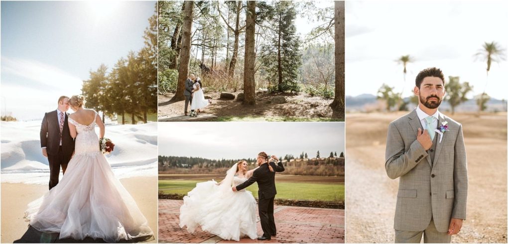 Premier snohomish & seattle wedding photographer | gsquared weddings photography a collage of snohomish wedding photos a bride and groom standing on snow a couple embracing among tall trees the bride twirling in her gown and a groom in a gray suit with a boutonnière standing outdoors | serving snohomish seattle                   & beyond
