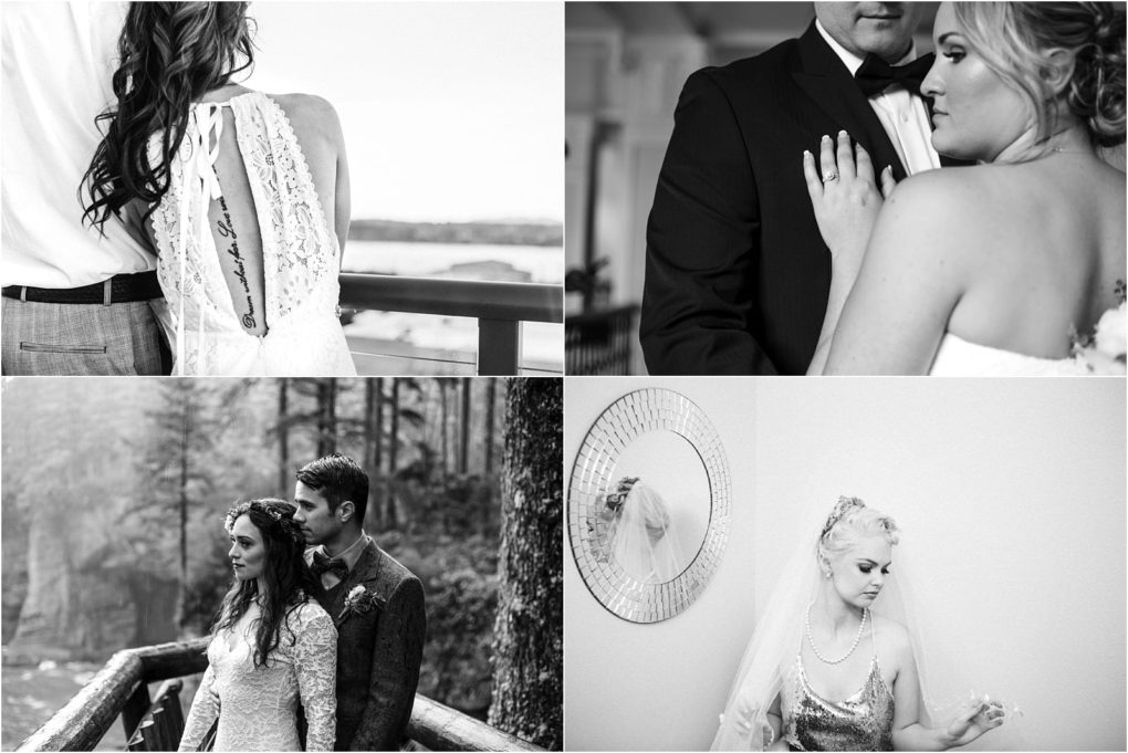 Premier snohomish & seattle wedding photographer | gsquared weddings photography four black and white photos of couples on their wedding day in elegant settings near snohomish and seattle close ups and portraits show brides in white dresses with grooms plus one bride standing alone near a round mirror Perfect for wedding engagement inspiration | serving snohomish seattle                   & beyond