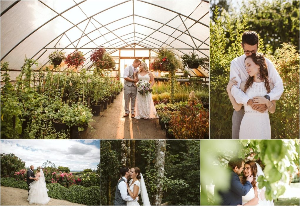 Premier snohomish & seattle wedding photographer | gsquared weddings photography a collage of five snohomish seattle wedding photos shows a couple in various outdoor and greenhouse settings embracing and smiling among lush plants flowers and greenery capturing romantic sunlit moments on their special day | serving snohomish seattle                   & beyond