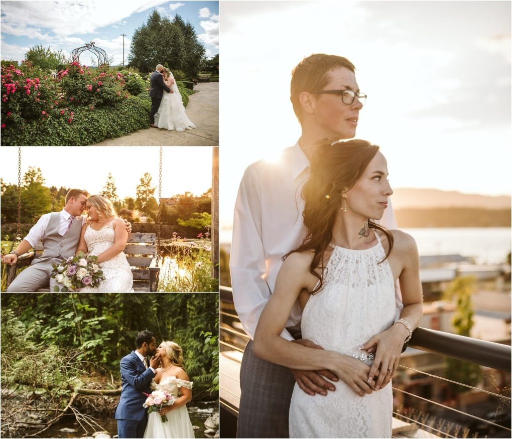 Premier snohomish & seattle wedding photographer | gsquared weddings photography a collage of four snohomish wedding photos a couple kissing in a garden sitting on a bench standing near a forest and embracing on a balcony at sunset with a scenic outdoor background | serving snohomish seattle                   & beyond